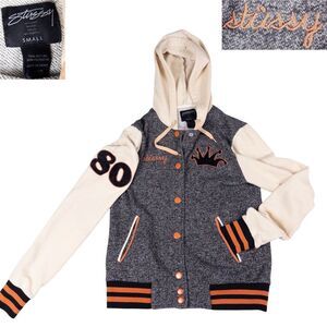 Stussy Women’s Varsity Bomber Hoodie S Gray Cream Orange Crown Logo Y2K